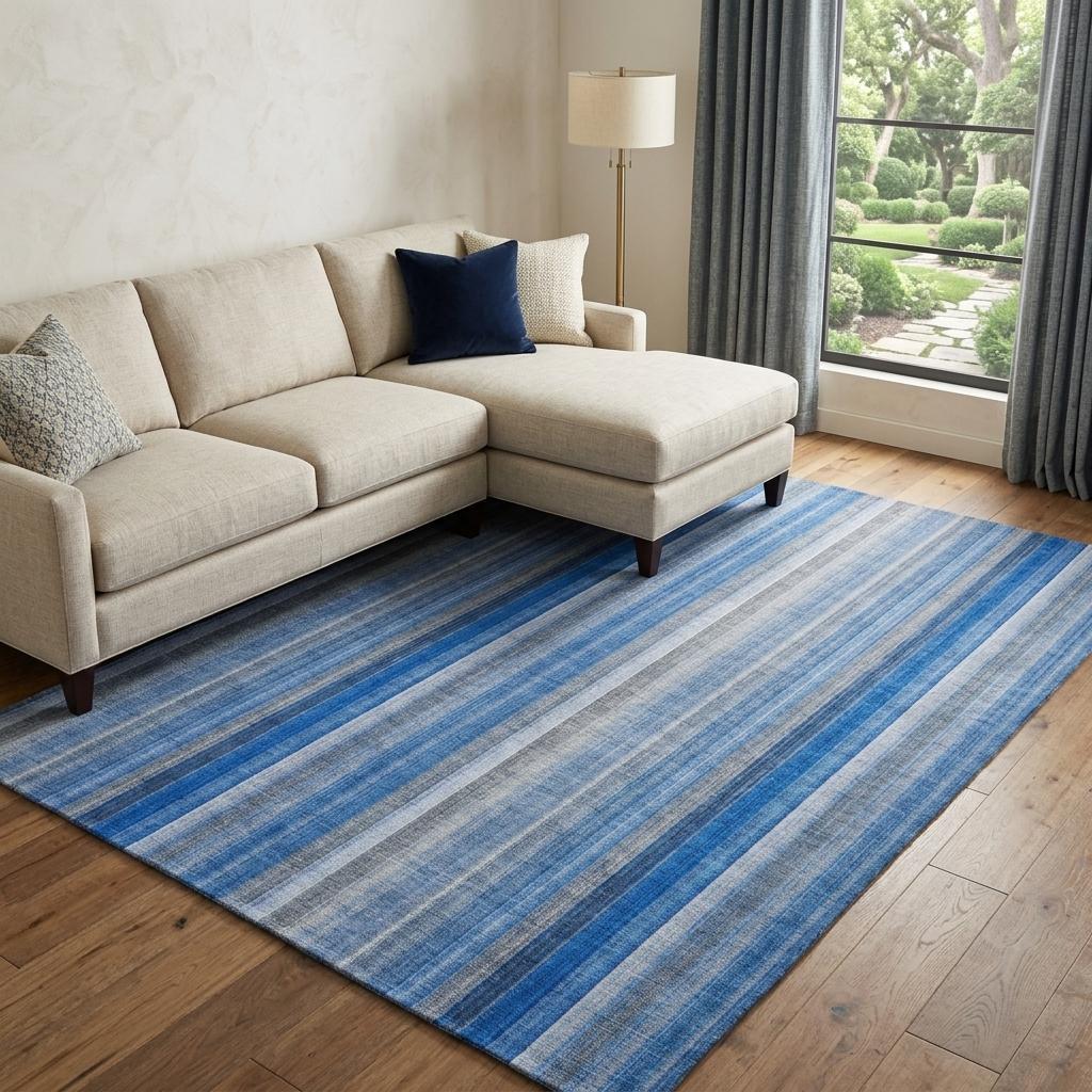 8' X 10' Blue And Gray Striped Shag Washable Area Rug With UV Protection - HomeRoots - Flyclothing LLC