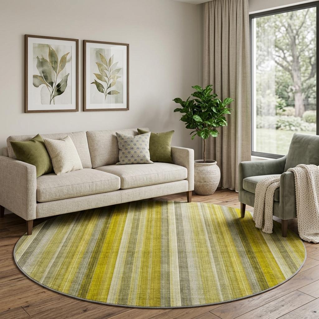 8' Gold And Gray Striped Shag Washable Round Rug With UV Protection - HomeRoots - Flyclothing LLC