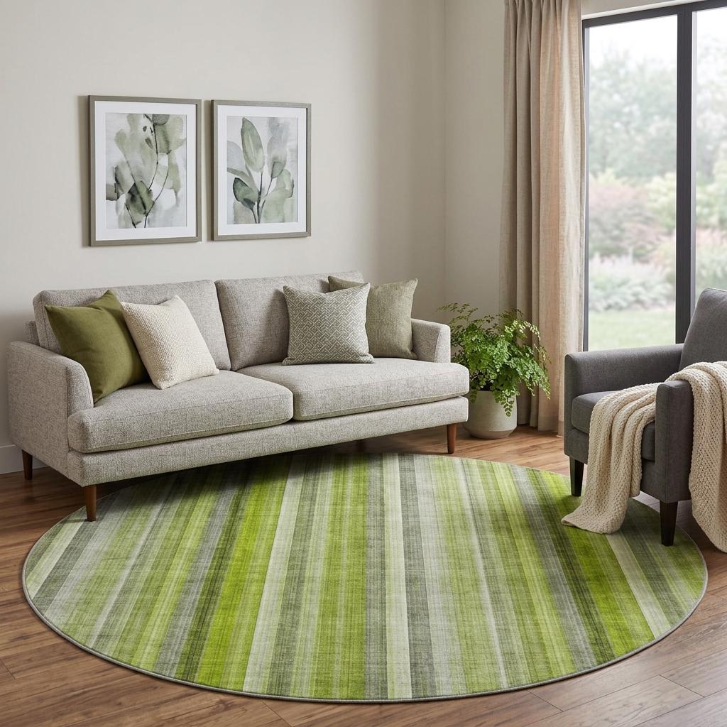 8' Green And Gray Striped Shag Washable Round Rug With UV Protection - HomeRoots - Flyclothing LLC