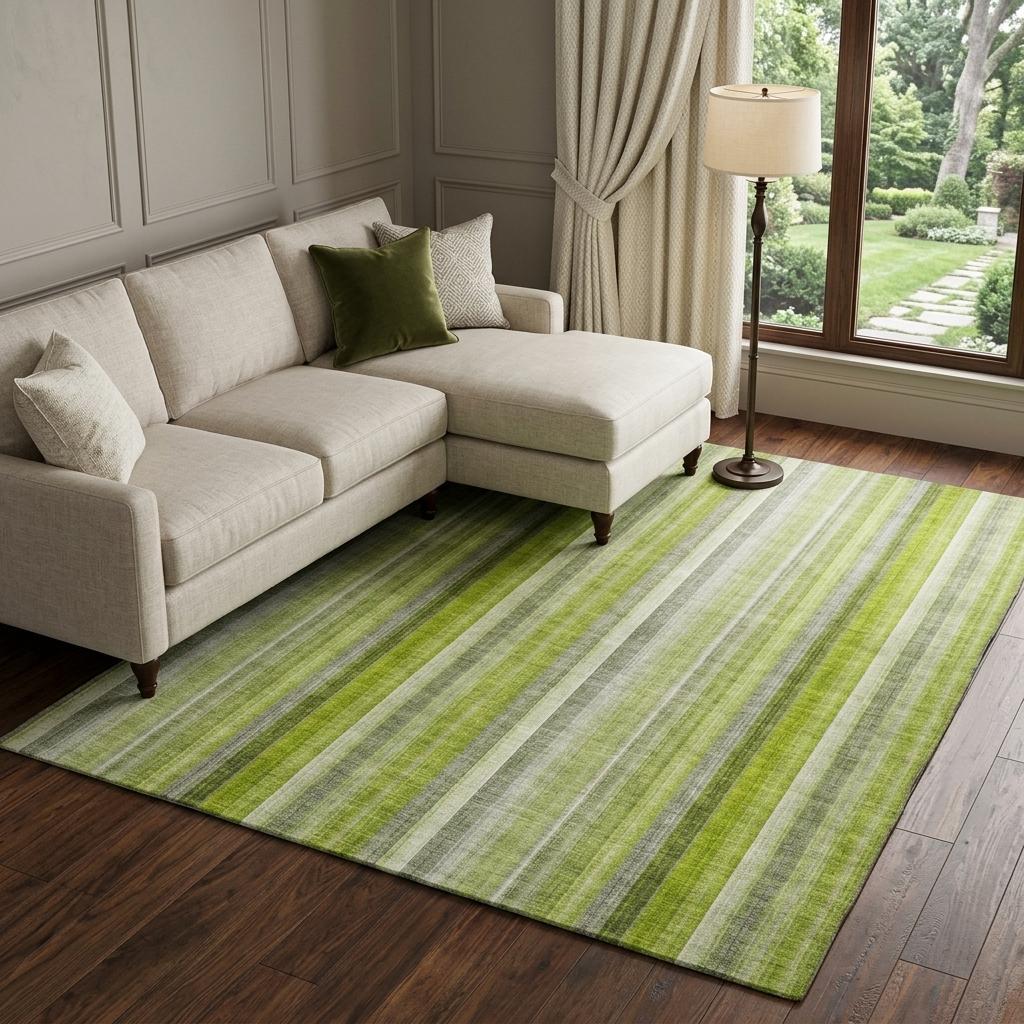 8' X 10' Green And Gray Striped Shag Washable Area Rug With UV Protection - HomeRoots - Flyclothing LLC
