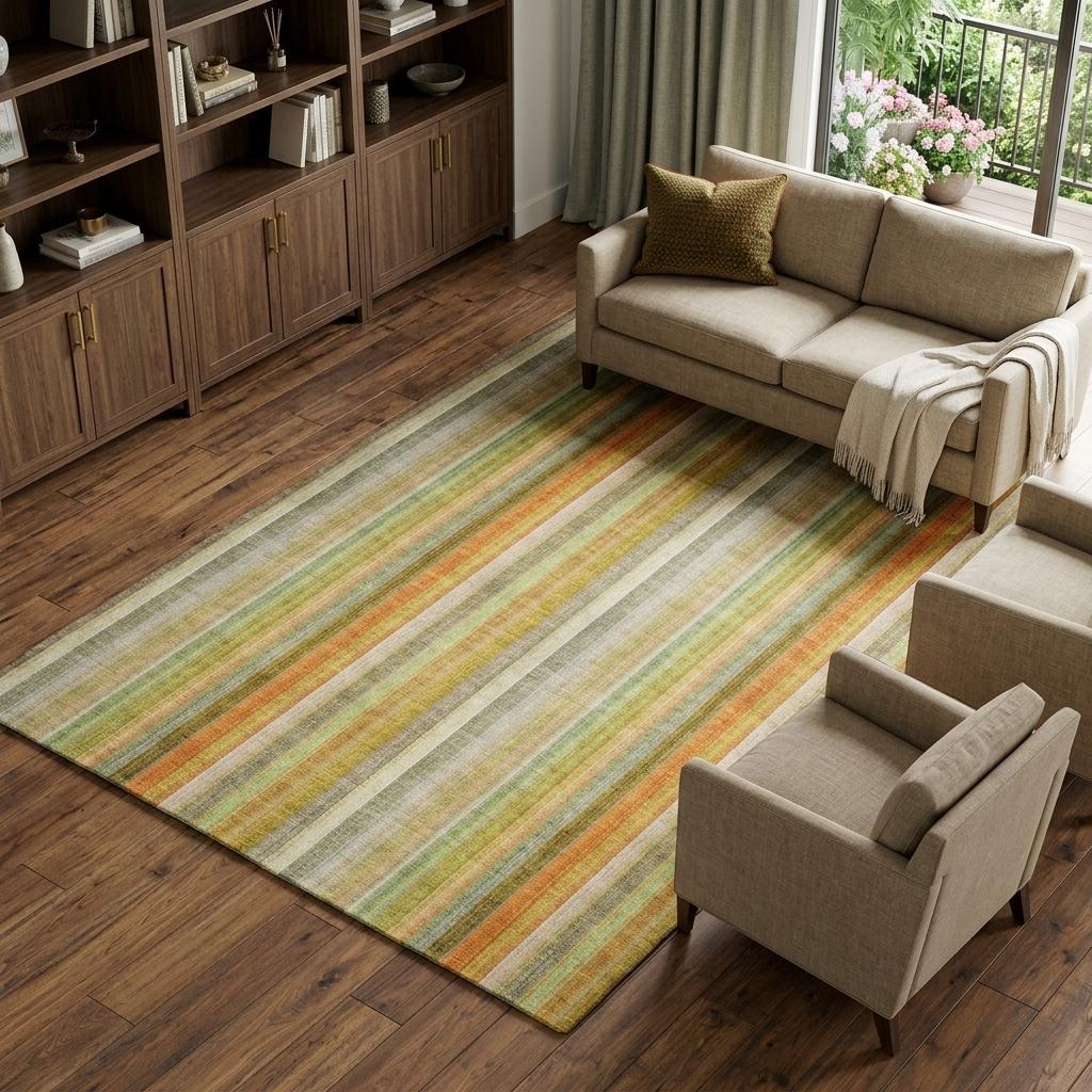 9' X 12' Khaki And Gold Striped Shag Washable Area Rug With UV Protection - HomeRoots - Flyclothing LLC