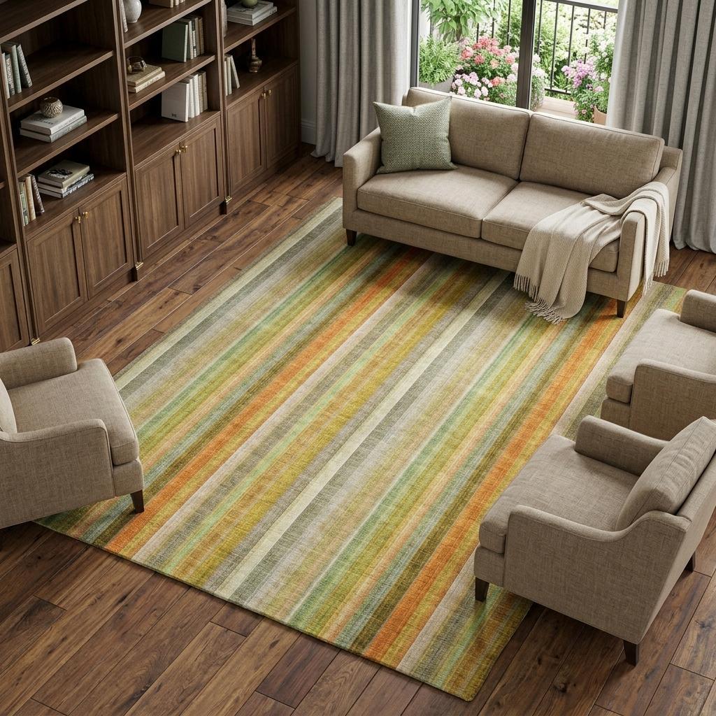 10' X 14' Khaki And Gold Striped Shag Washable Area Rug With UV Protection - HomeRoots - Flyclothing LLC