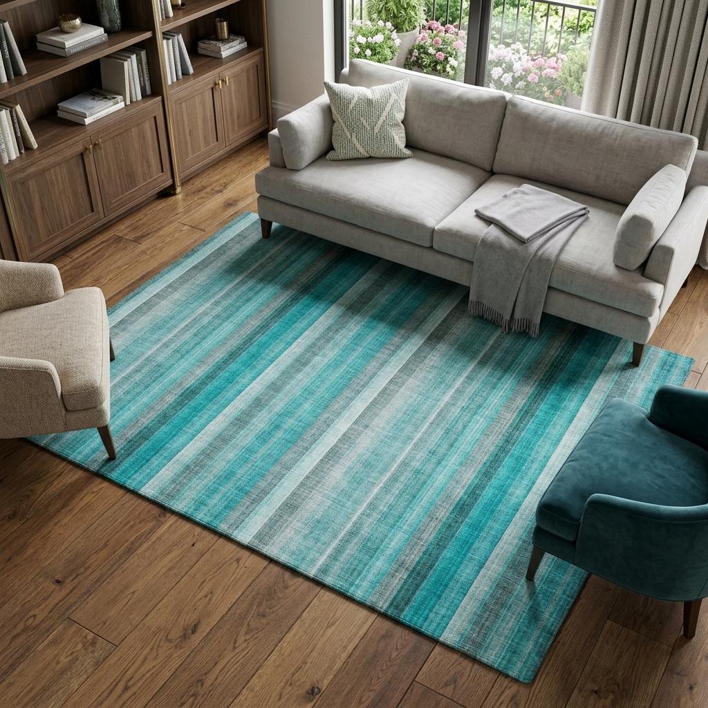 8' X 10' Teal And Gray Striped Shag Washable Area Rug With UV Protection - HomeRoots - Flyclothing LLC