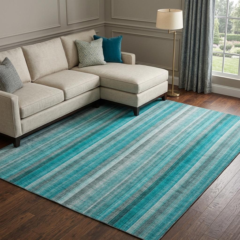 10' X 14' Teal And Gray Striped Shag Washable Area Rug With UV Protection - HomeRoots - Flyclothing LLC