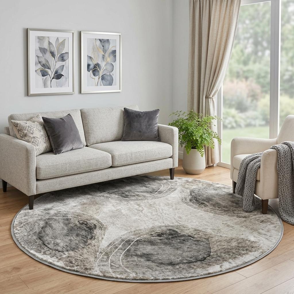 8' Gray And Silver Abstract Shag Washable Round Rug With UV Protection - HomeRoots - Flyclothing LLC