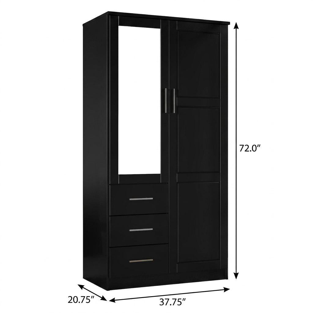 72" Black Solid Wood Mirrored Two Door Three Drawer Combo Dresser - HomeRoots - Flyclothing LLC