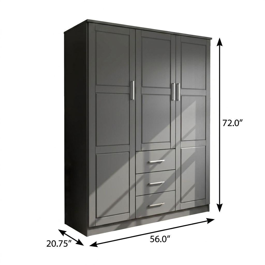 72" Gray Solid Wood Three Door Three Drawer Combo Dresser - HomeRoots - Flyclothing LLC