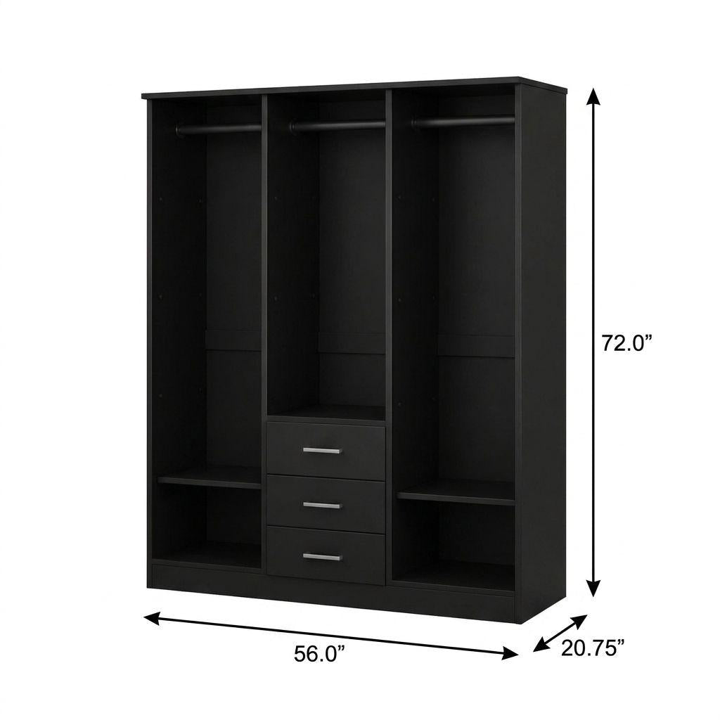 72" Black Solid Wood Three Door Three Drawer Combo Dresser - HomeRoots - Flyclothing LLC