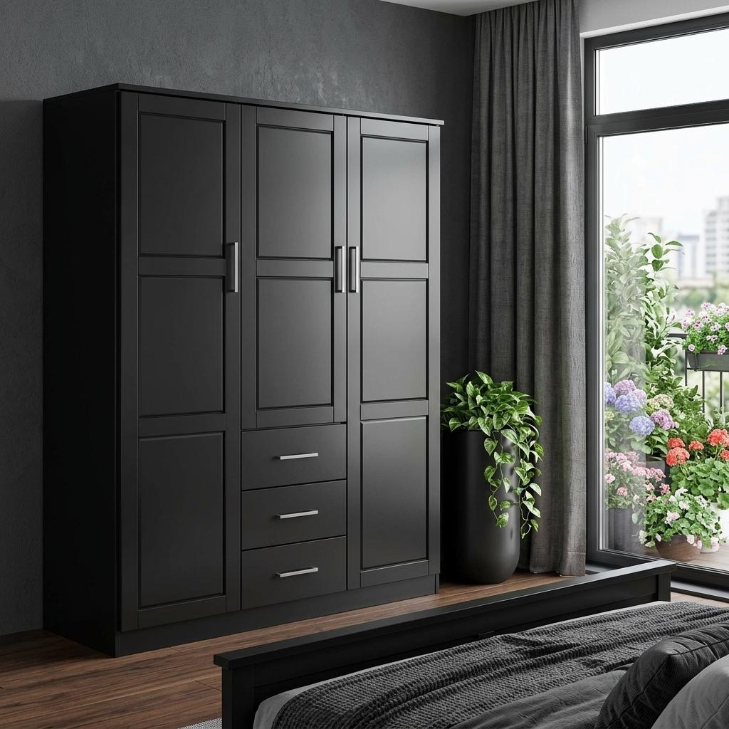 72" Black Solid Wood Three Door Three Drawer Combo Dresser - HomeRoots - Flyclothing LLC