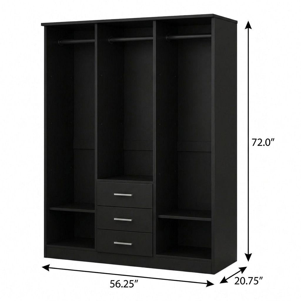 72" Black Solid Wood Mirrored Three Door Three Drawer Combo Dresser - HomeRoots - Flyclothing LLC