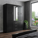 72" Black Solid Wood Mirrored Three Door Three Drawer Combo Dresser - HomeRoots - Flyclothing LLC