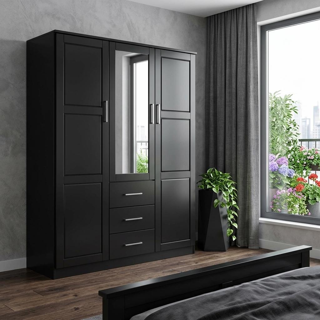 72" Black Solid Wood Mirrored Three Door Three Drawer Combo Dresser - HomeRoots - Flyclothing LLC