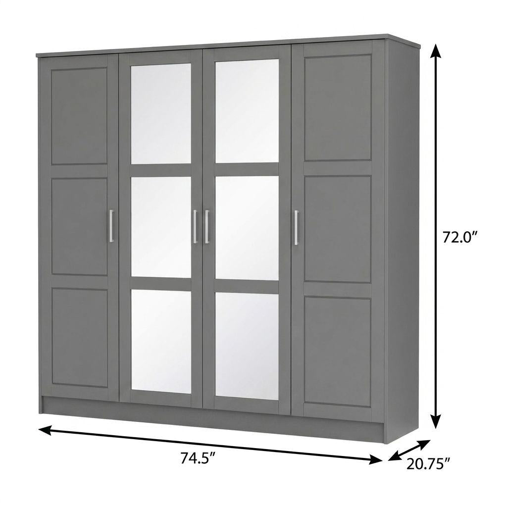 72" Gray Solid Wood Mirrored Four Door Combo Dresser - HomeRoots - Flyclothing LLC