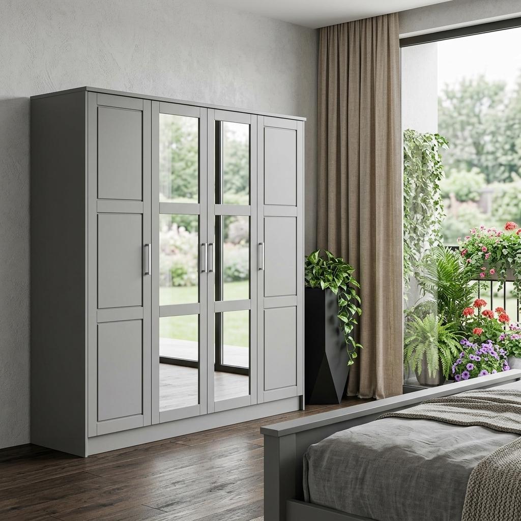 72" Gray Solid Wood Mirrored Four Door Combo Dresser - HomeRoots - Flyclothing LLC