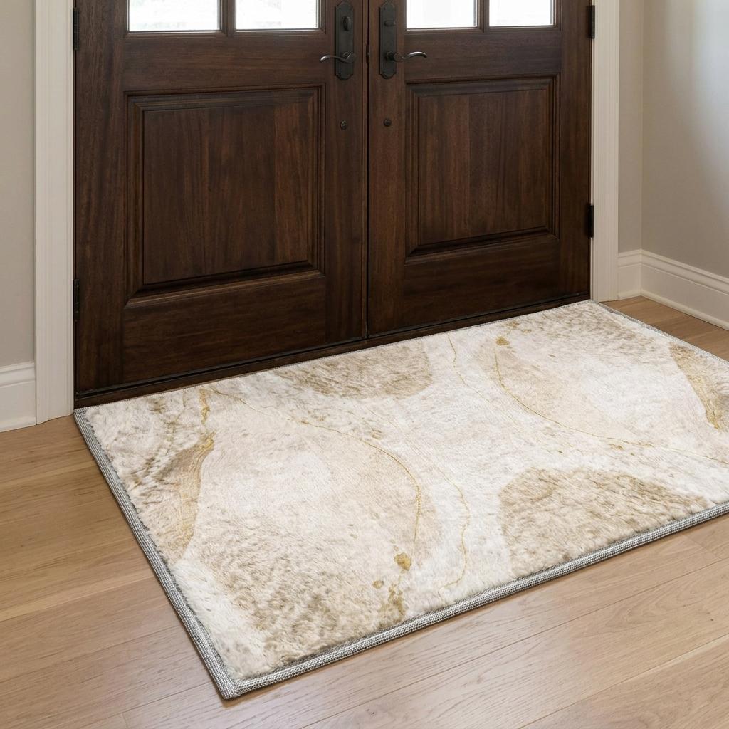 3' X 5' Beige And Ivory Abstract Shag Washable Area Rug With UV Protection - HomeRoots - Flyclothing LLC