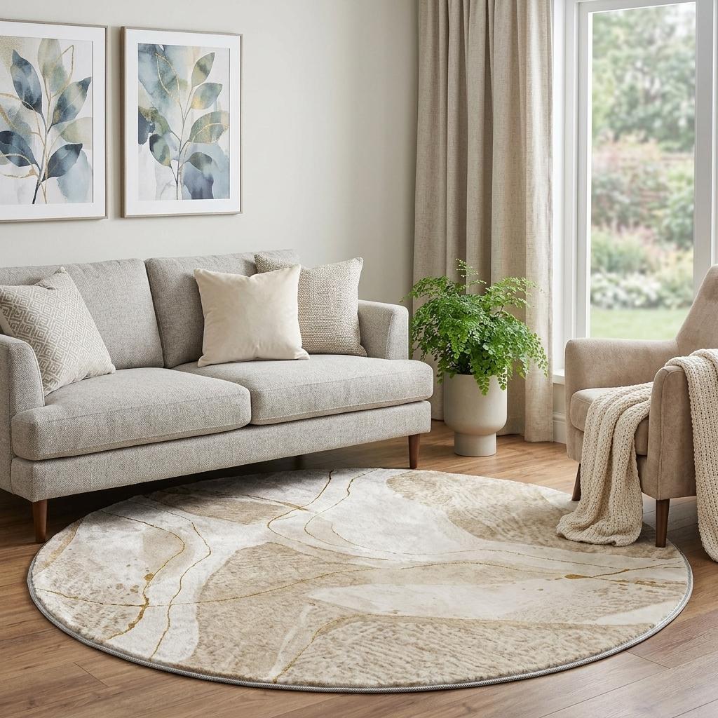 8' Beige And Ivory Abstract Shag Washable Round Rug With UV Protection - HomeRoots - Flyclothing LLC