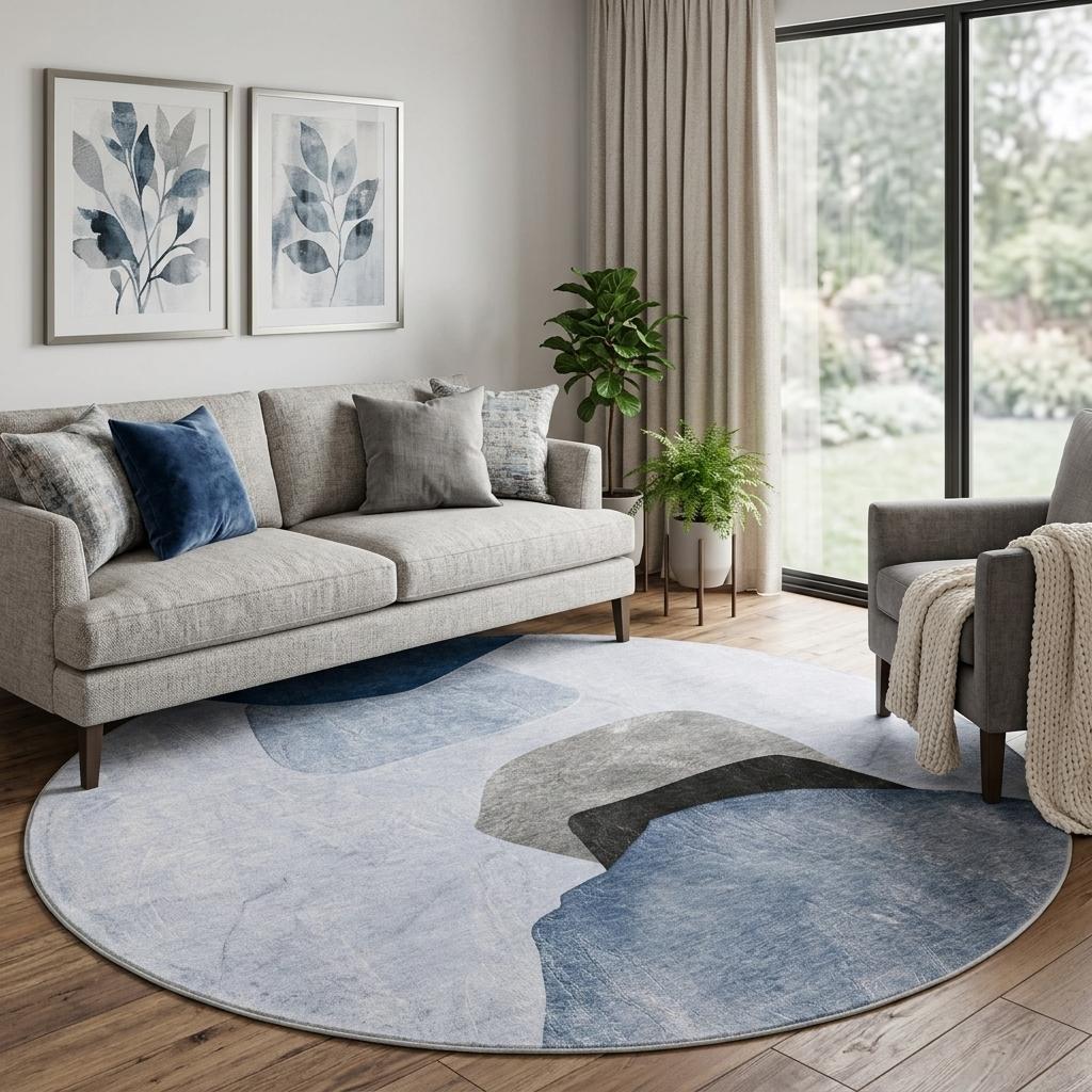 8' Blue And Navy Blue Abstract Shag Washable Round Rug With UV Protection - HomeRoots - Flyclothing LLC