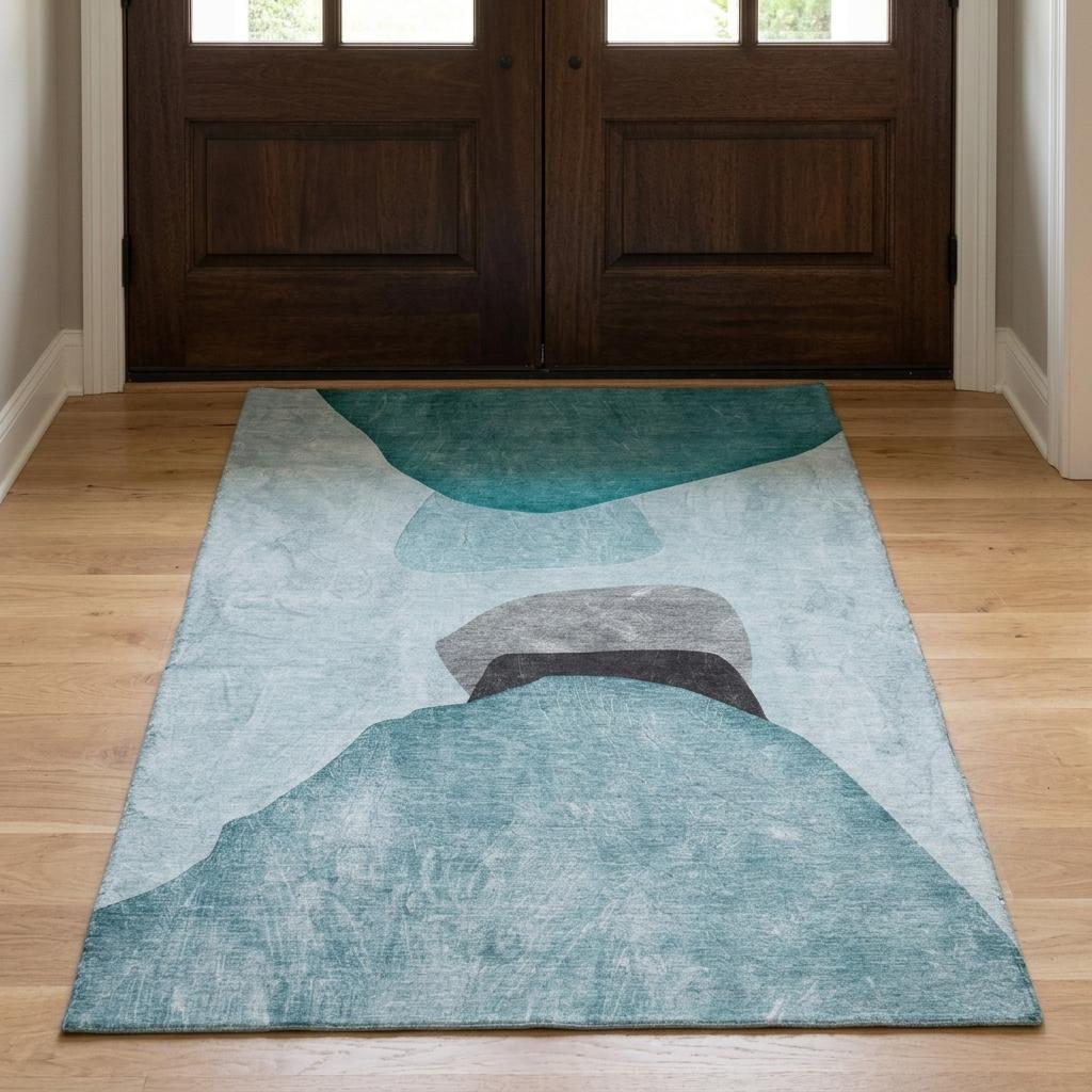 3' X 5' Teal And Gray Abstract Shag Washable Area Rug With UV Protection - HomeRoots - Flyclothing LLC