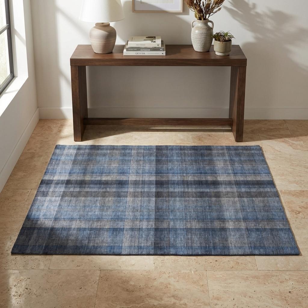 3' X 5' Blue And Denim Blue Plaid Shag Washable Area Rug With UV Protection - HomeRoots - Flyclothing LLC