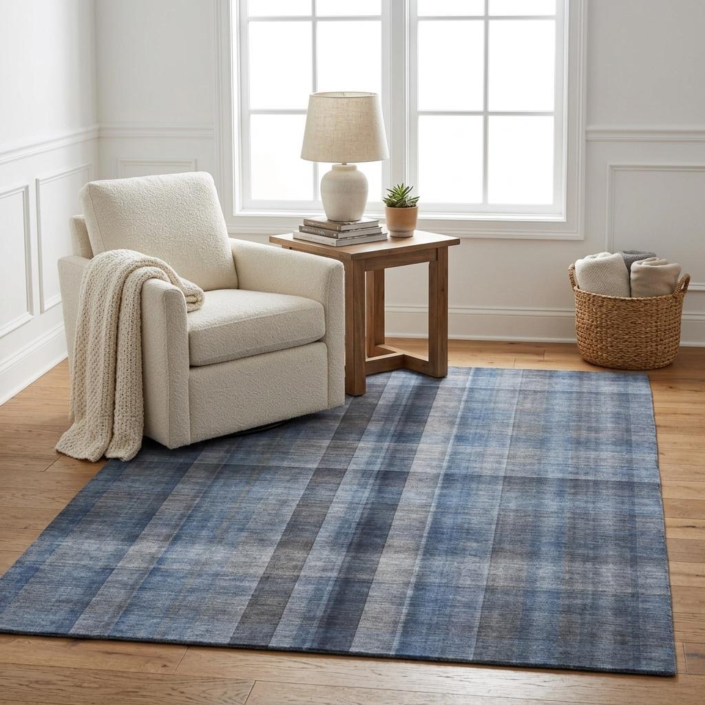 5' X 8' Blue And Denim Blue Plaid Shag Washable Area Rug With UV Protection - HomeRoots - Flyclothing LLC
