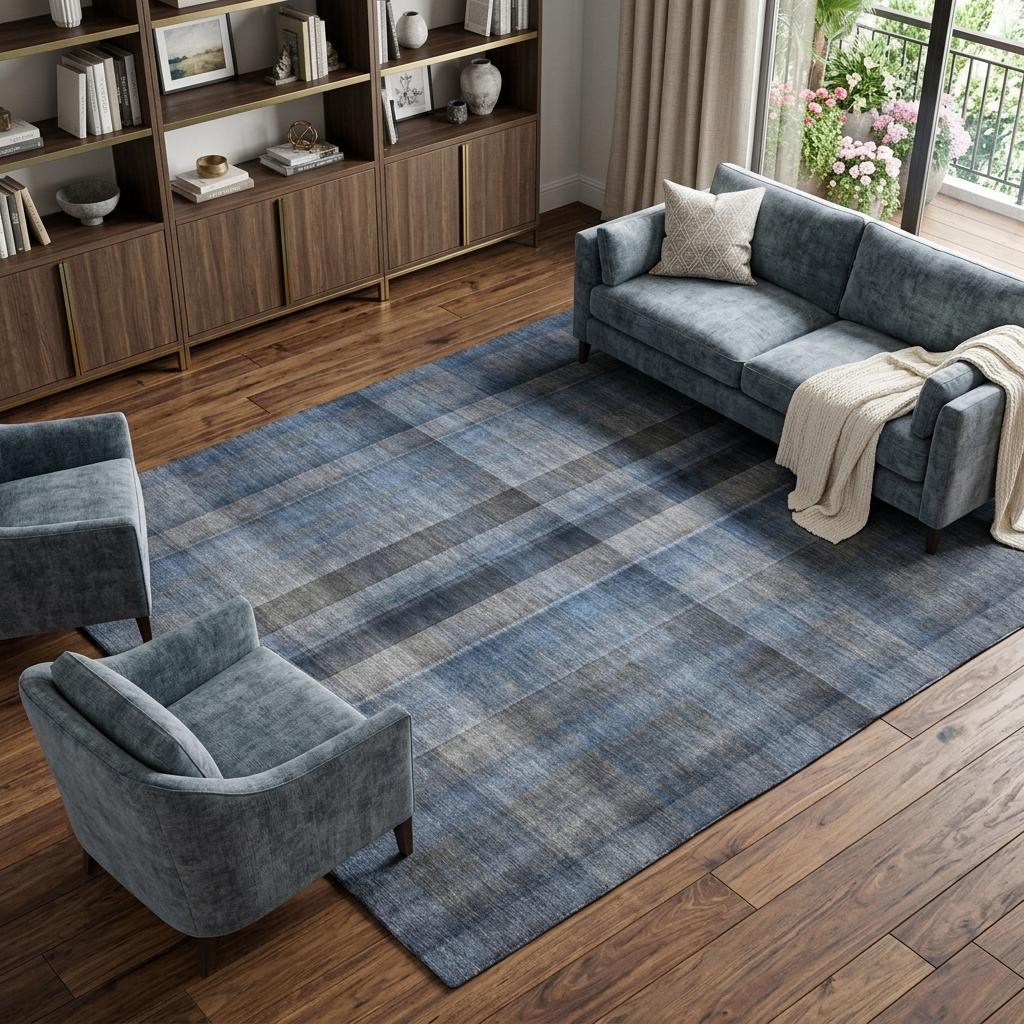 9' X 12' Blue And Denim Blue Plaid Shag Washable Area Rug With UV Protection - HomeRoots - Flyclothing LLC