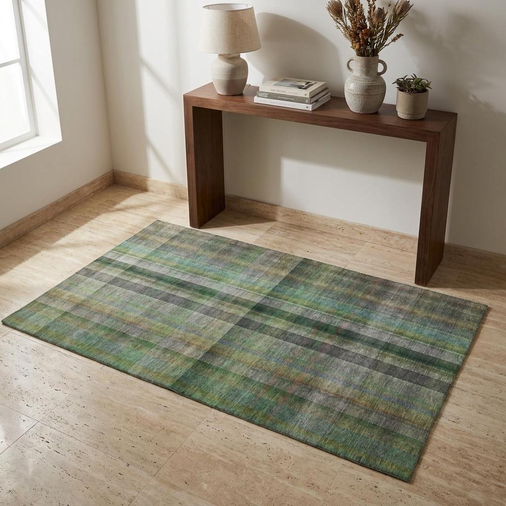 3' X 5' Green And Gray Plaid Shag Washable Area Rug With UV Protection - HomeRoots - Flyclothing LLC