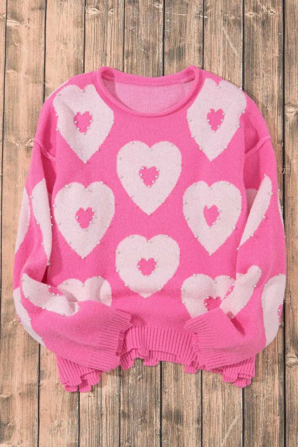 Pearl Detail Heart Round Neck Long Sleeve Sweater - Trendsi - Flyclothing LLC