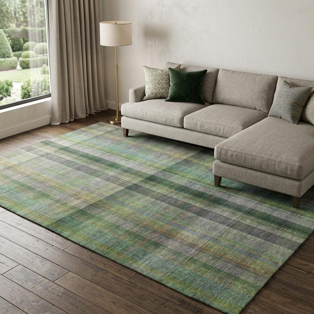 8' X 10' Green And Gray Plaid Shag Washable Area Rug With UV Protection - HomeRoots - Flyclothing LLC