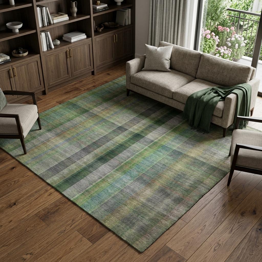 10' X 14' Green And Gray Plaid Shag Washable Area Rug With UV Protection - HomeRoots - Flyclothing LLC