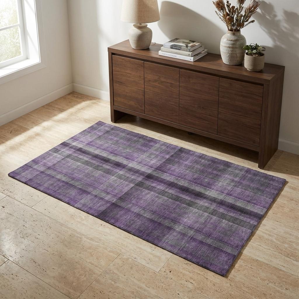 3' X 5' Purple And Gray Plaid Shag Washable Area Rug With UV Protection - HomeRoots - Flyclothing LLC
