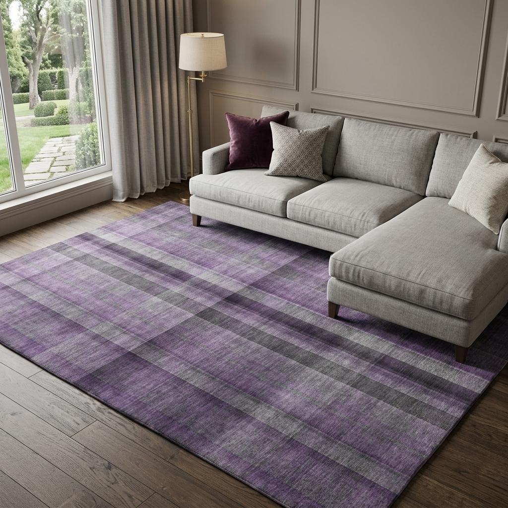 8' X 10' Purple And Gray Plaid Shag Washable Area Rug With UV Protection - HomeRoots - Flyclothing LLC