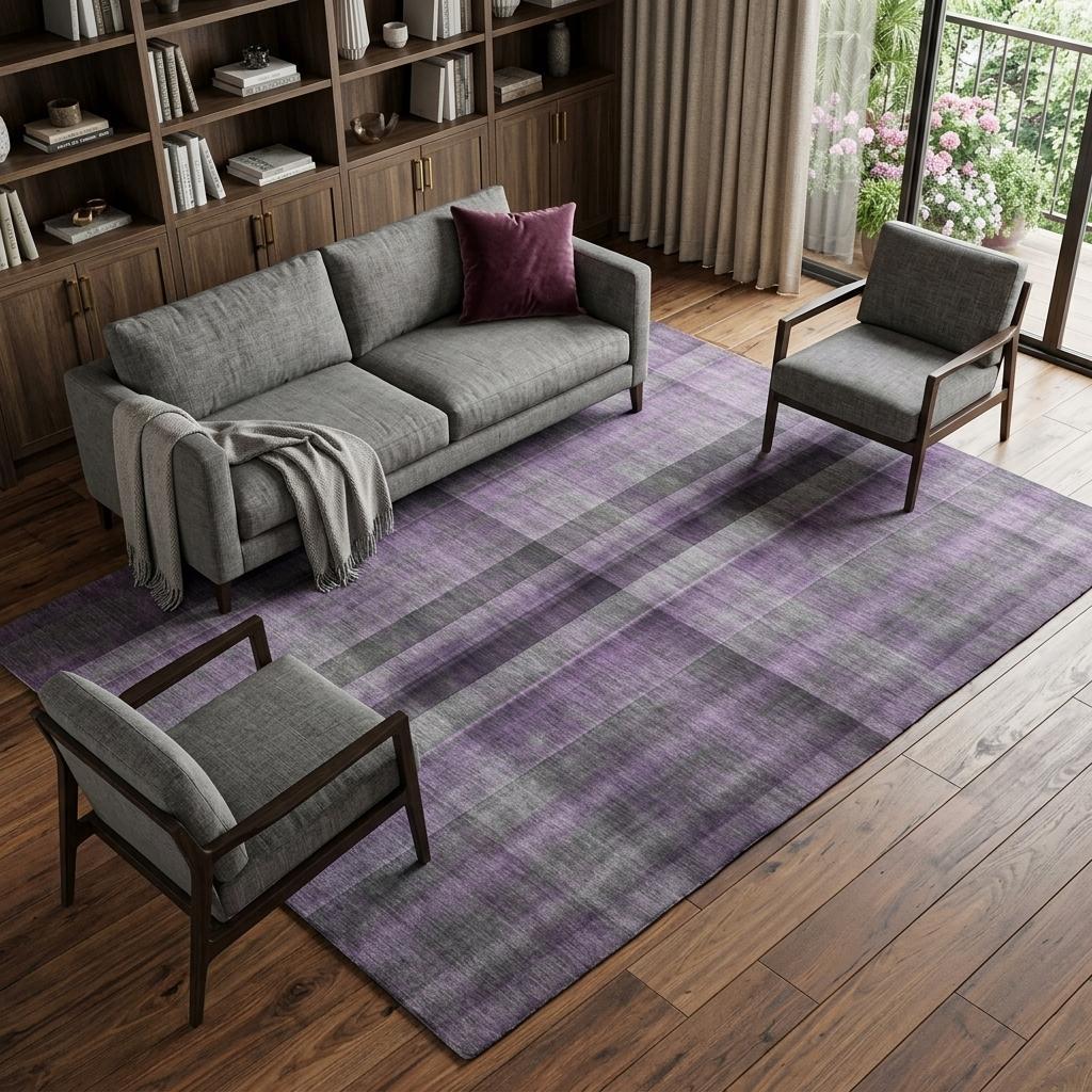 10' X 14' Purple And Gray Plaid Shag Washable Area Rug With UV Protection - HomeRoots - Flyclothing LLC