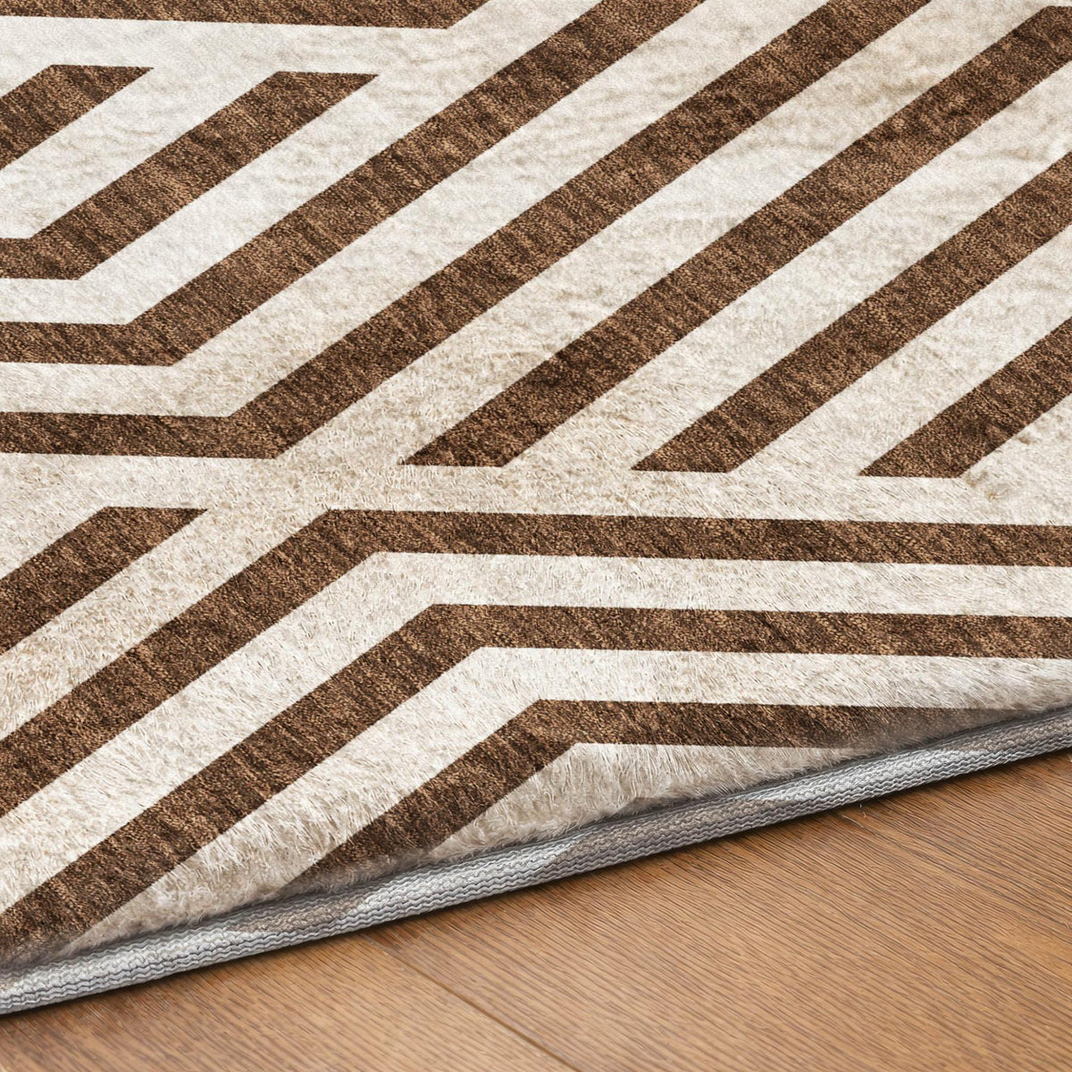 8' Brown And Ivory Geometric Shag Washable Round Rug With UV Protection - HomeRoots - Flyclothing LLC