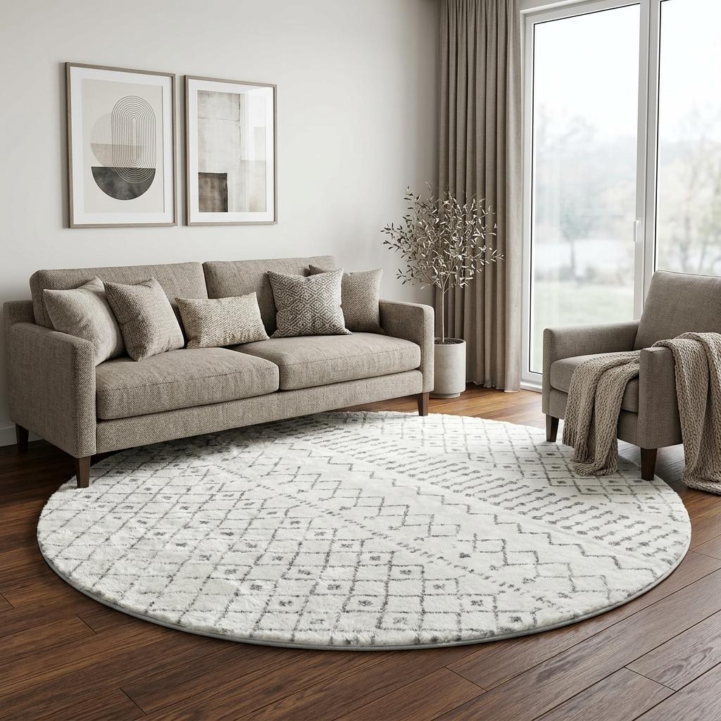 8' Brown And Ivory Geometric Shag Washable Round Rug With UV Protection - HomeRoots - Flyclothing LLC