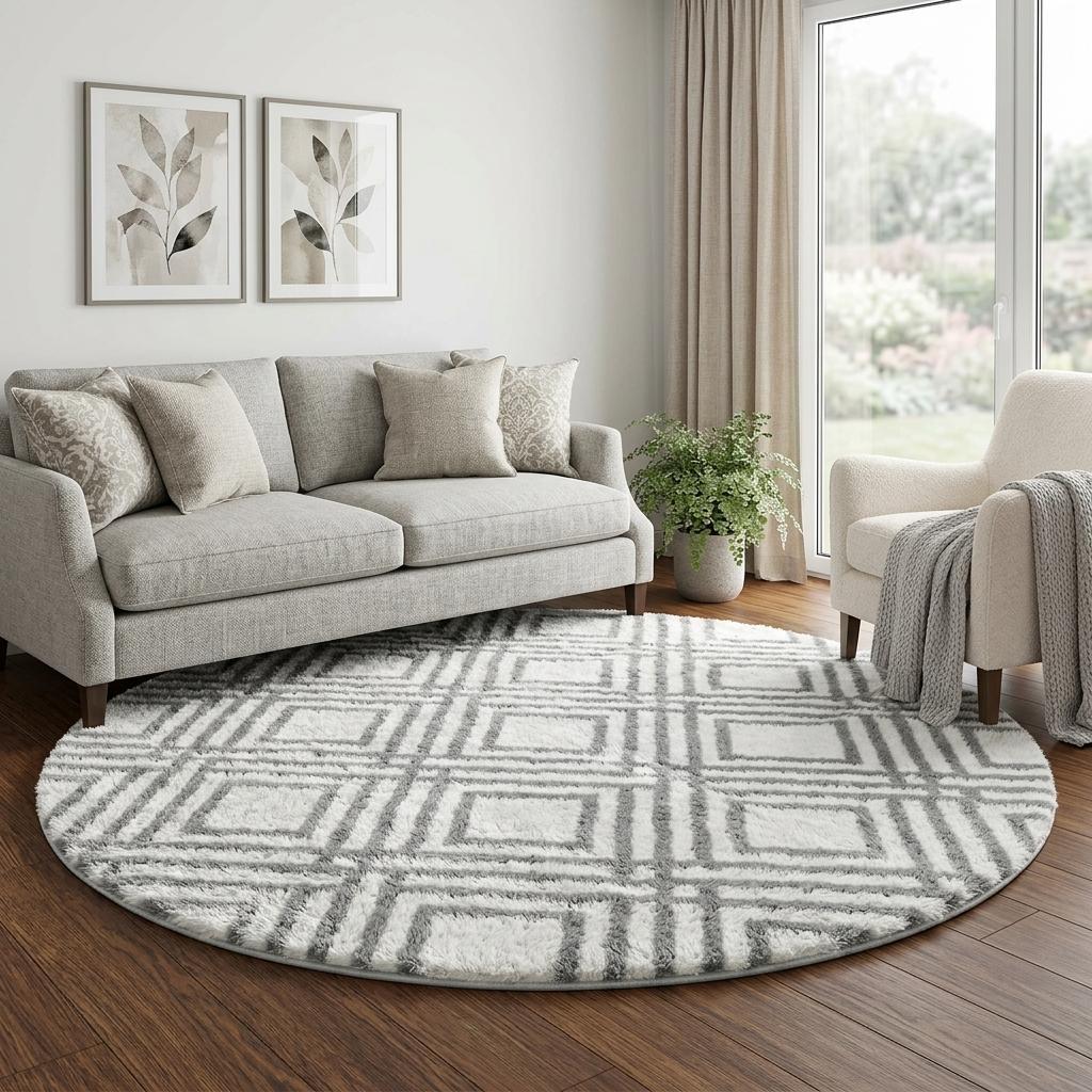 8' Denim Blue And Ivory Geometric Shag Washable Round Rug With UV Protection - HomeRoots - Flyclothing LLC