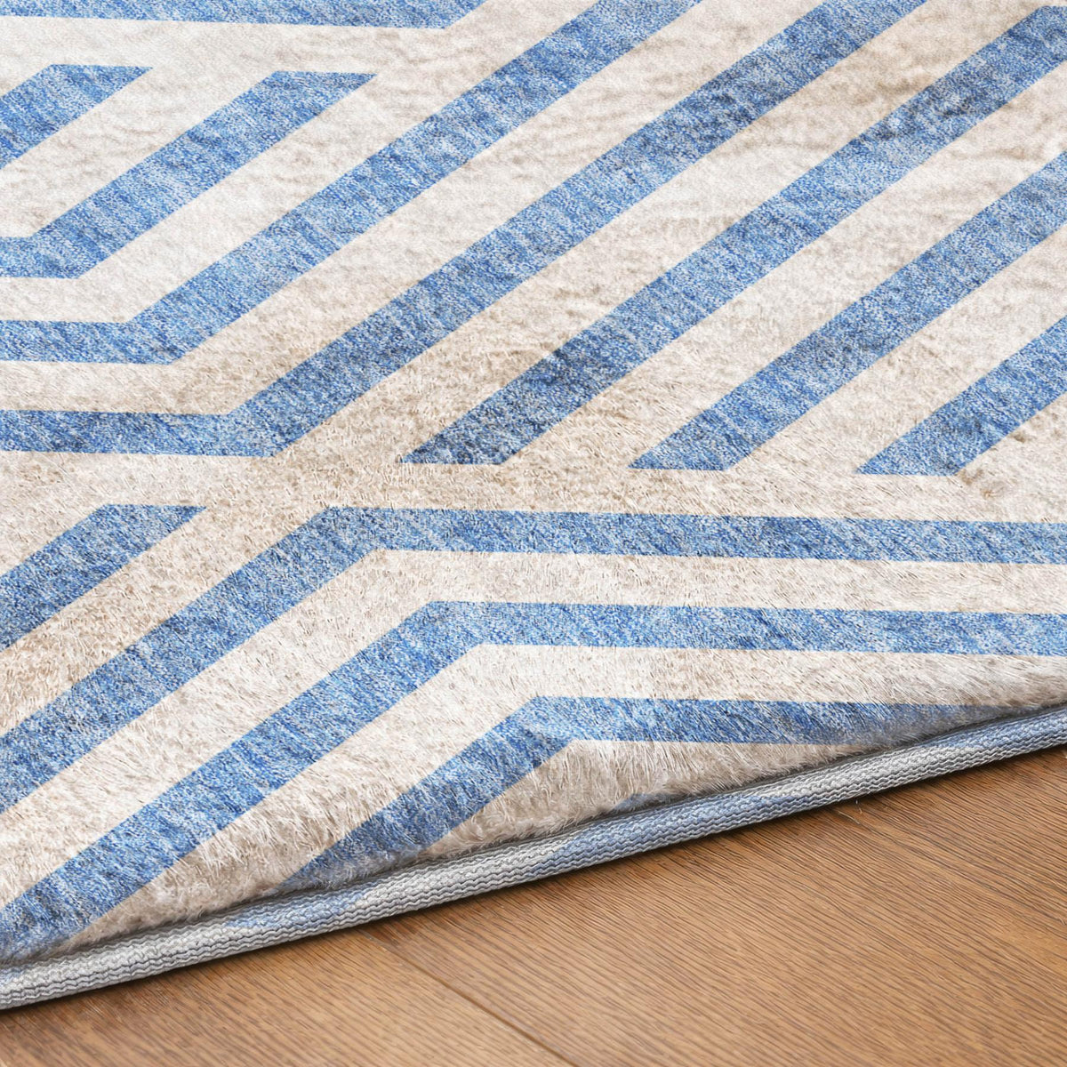 9' X 12' Denim Blue And Ivory Geometric Shag Washable Area Rug With UV Protection - HomeRoots - Flyclothing LLC
