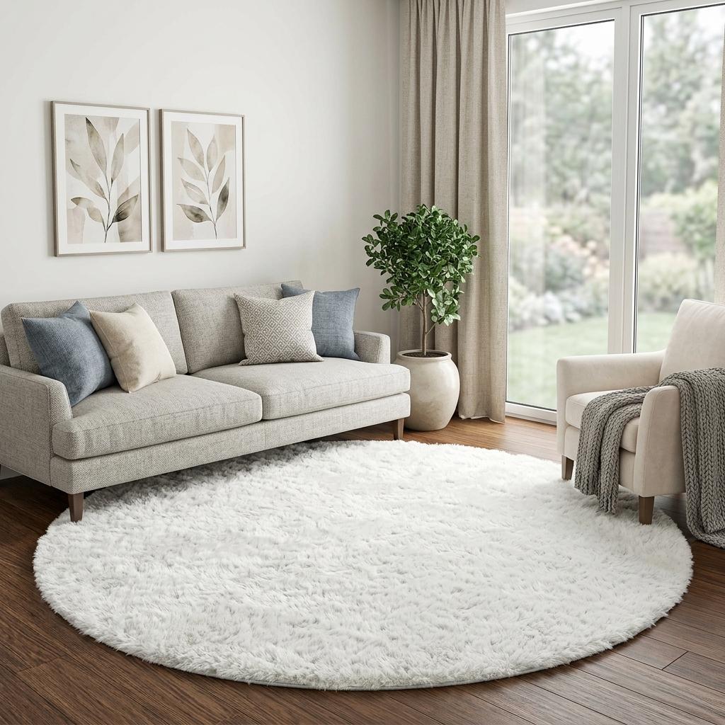 8' Gray And Ivory Geometric Shag Washable Round Rug With UV Protection - HomeRoots - Flyclothing LLC