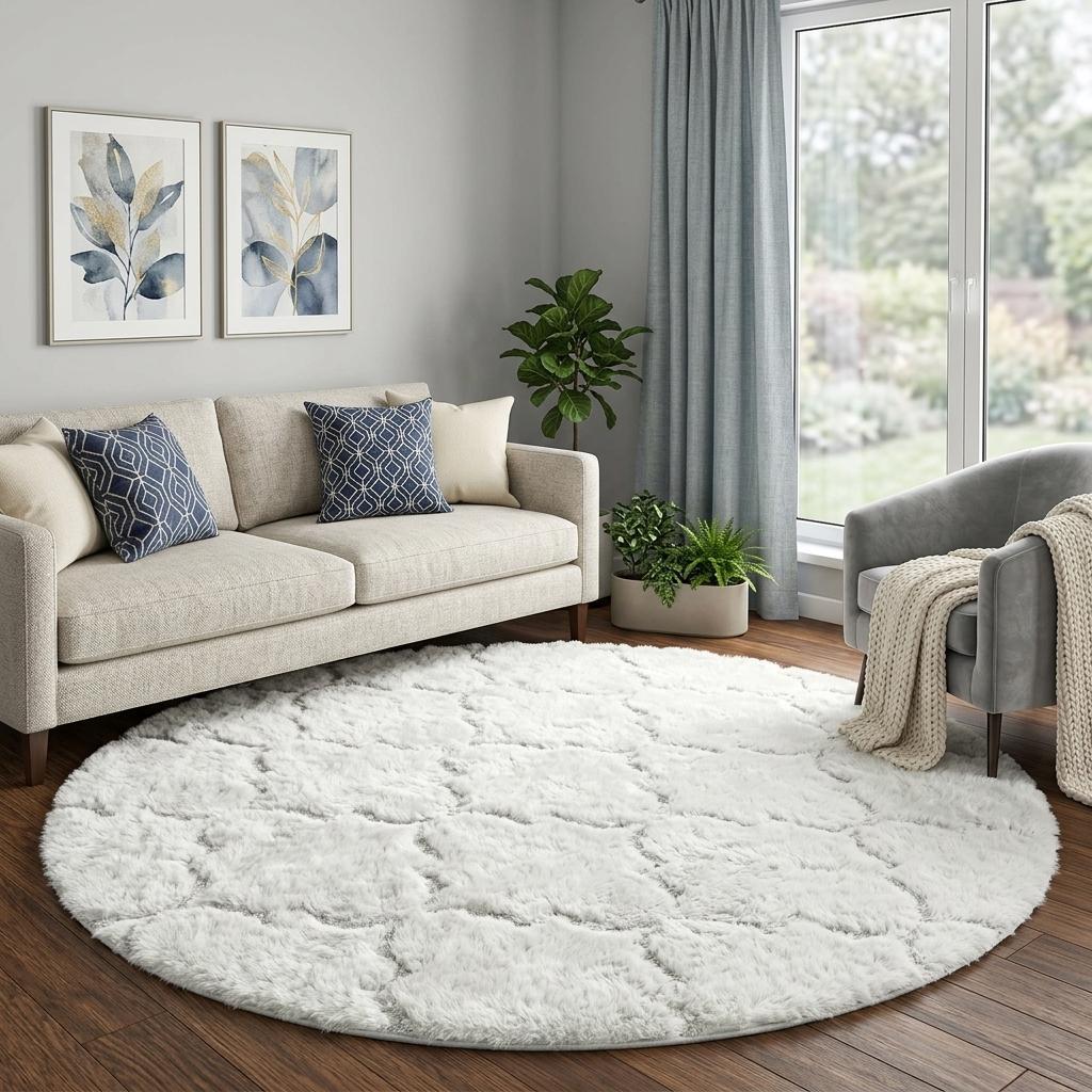 8' Ivory And Beige Geometric Shag Washable Round Rug With UV Protection - HomeRoots - Flyclothing LLC