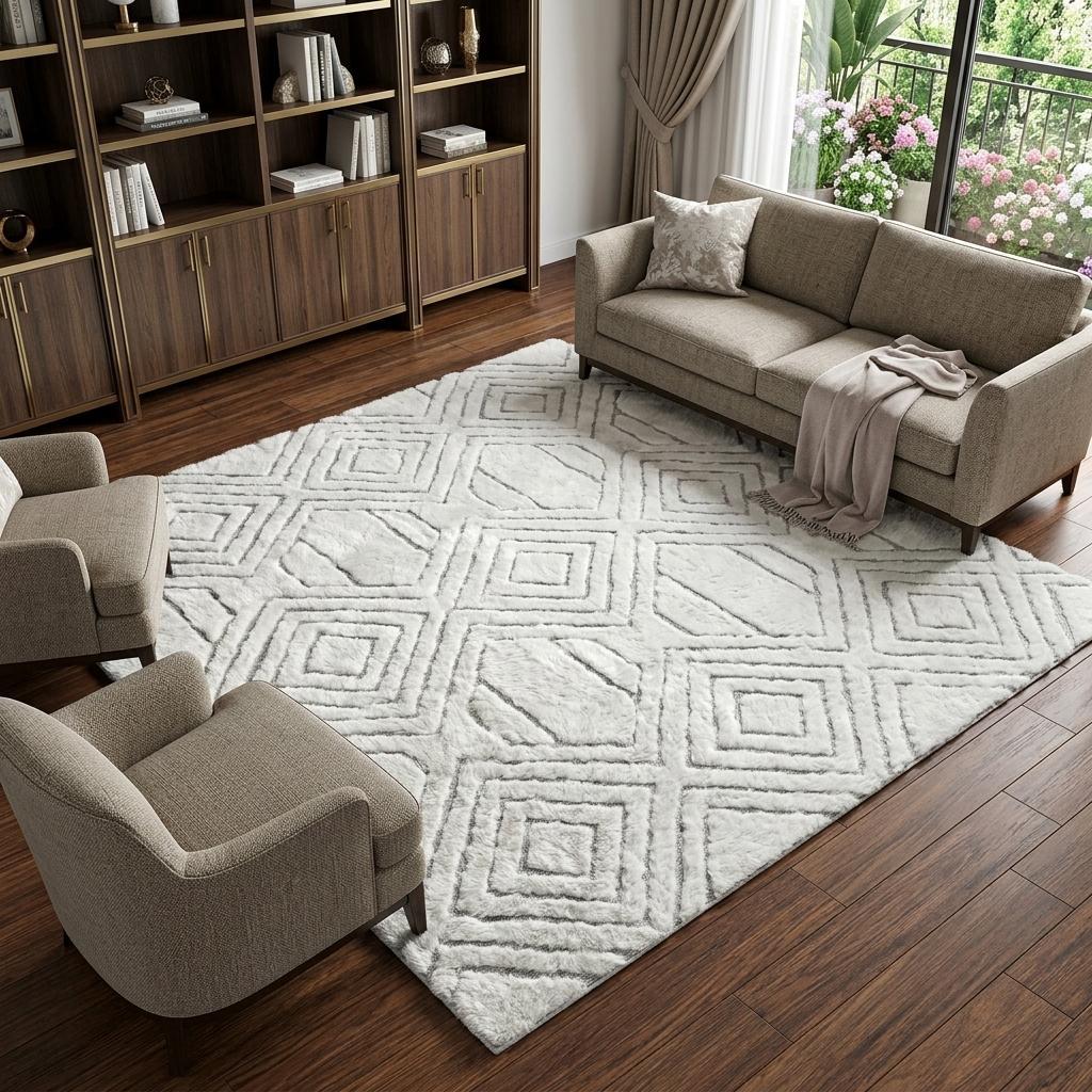 8' X 10' Ivory And Beige Geometric Shag Washable Area Rug With UV Protection - HomeRoots - Flyclothing LLC