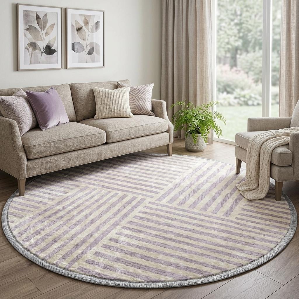 8' Lavender And Ivory Geometric Shag Washable Round Rug With UV Protection - HomeRoots - Flyclothing LLC
