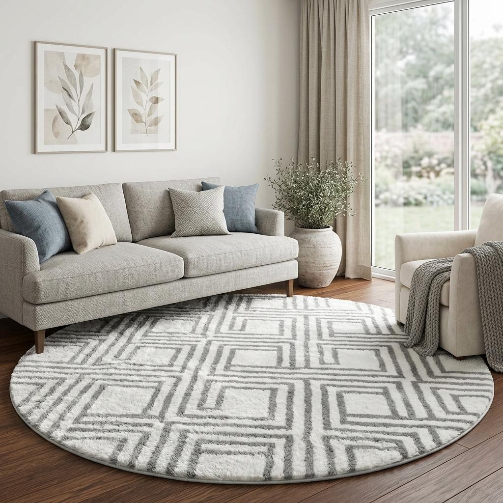 8' Lime Green And Ivory Geometric Shag Washable Round Rug With UV Protection - HomeRoots - Flyclothing LLC