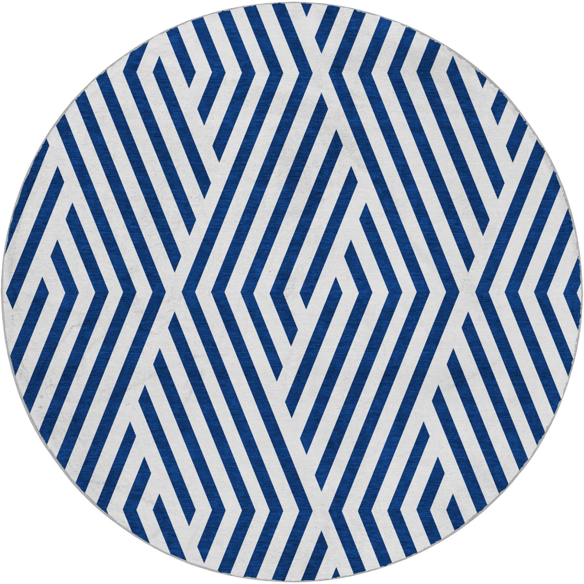 8' Navy Blue And Ivory Geometric Shag Washable Round Rug With UV Protection - HomeRoots - Flyclothing LLC