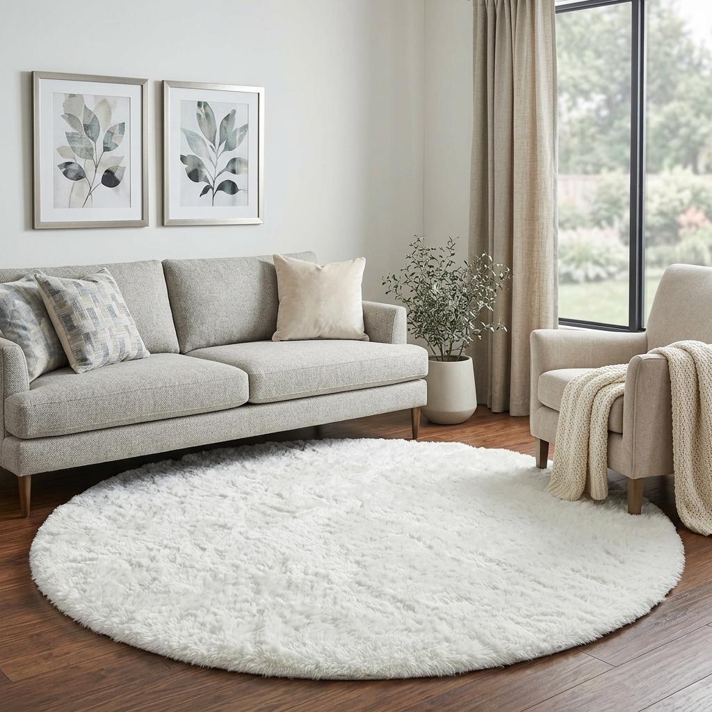 8' Navy Blue And Ivory Geometric Shag Washable Round Rug With UV Protection - HomeRoots - Flyclothing LLC