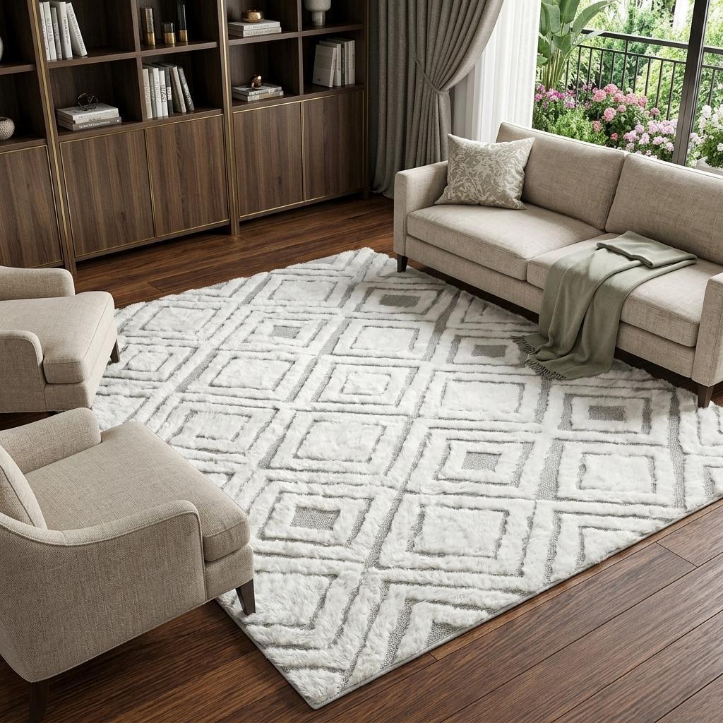 8' X 10' Navy Blue And Ivory Geometric Shag Washable Area Rug With UV Protection - HomeRoots - Flyclothing LLC