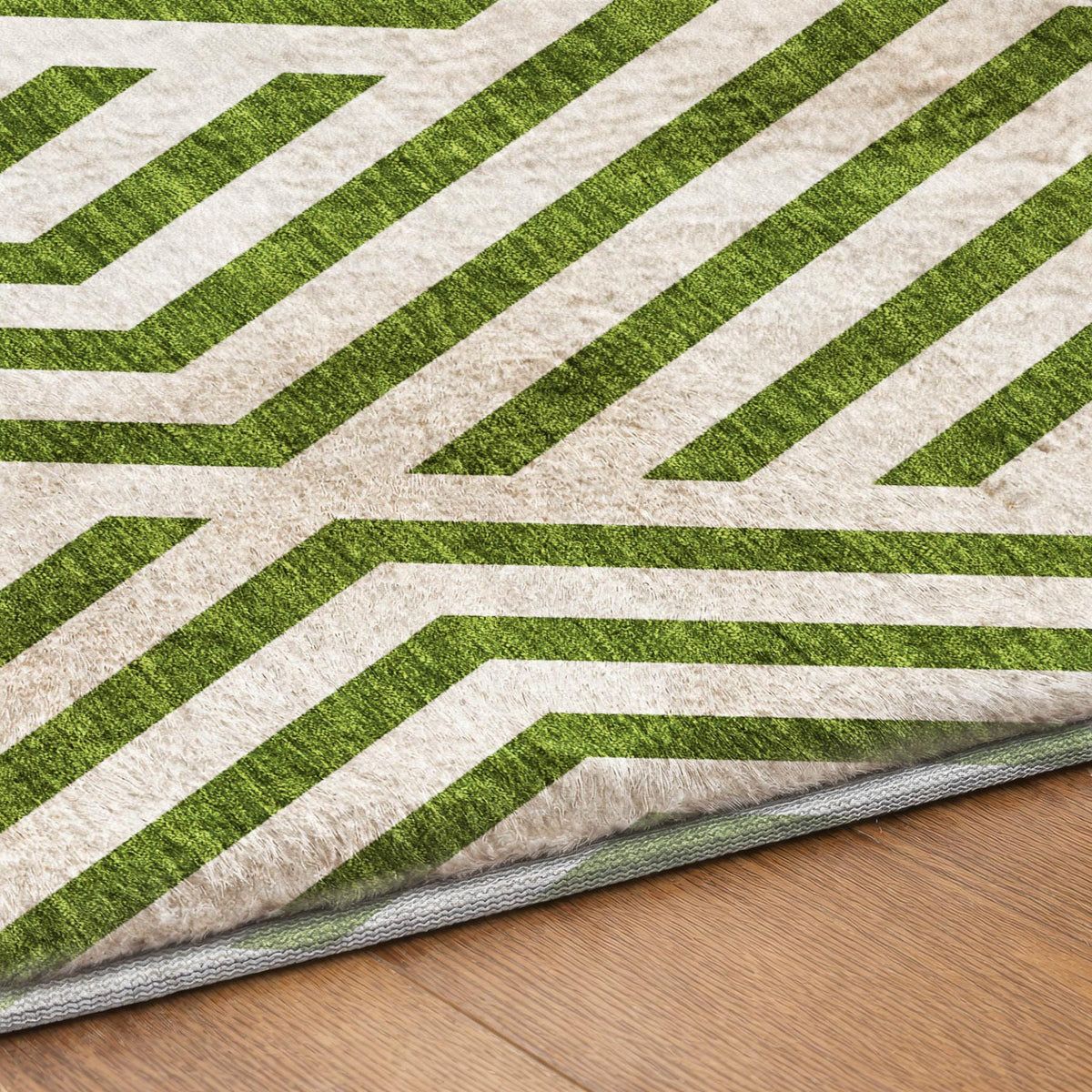 8' Olive Green And Ivory Geometric Shag Washable Round Rug With UV Protection - HomeRoots - Flyclothing LLC