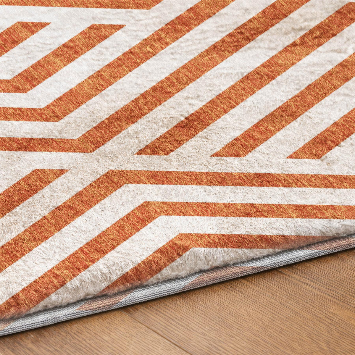 8' Orange And Ivory Geometric Shag Washable Round Rug With UV Protection - HomeRoots - Flyclothing LLC