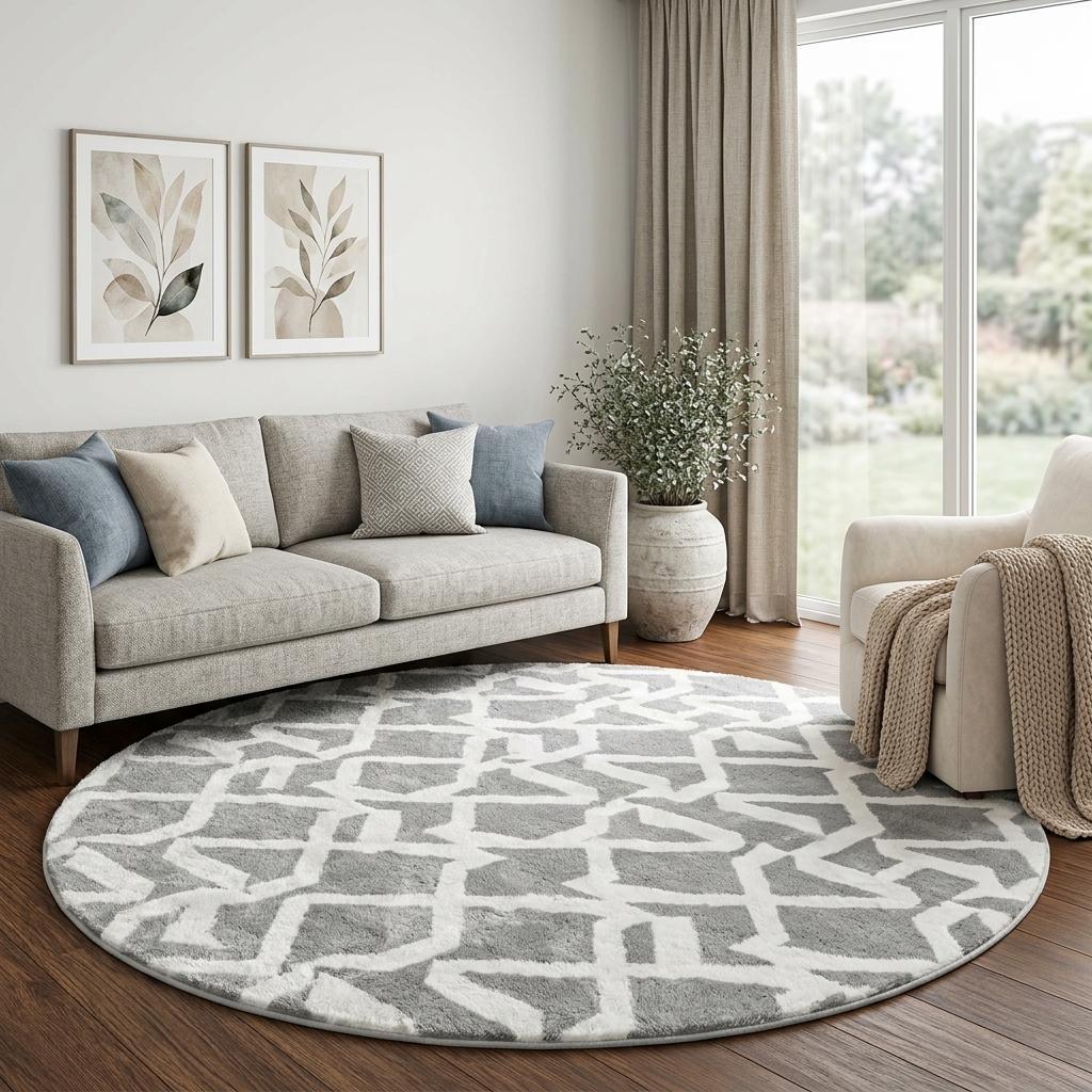 8' Orange And Ivory Geometric Shag Washable Round Rug With UV Protection - HomeRoots - Flyclothing LLC