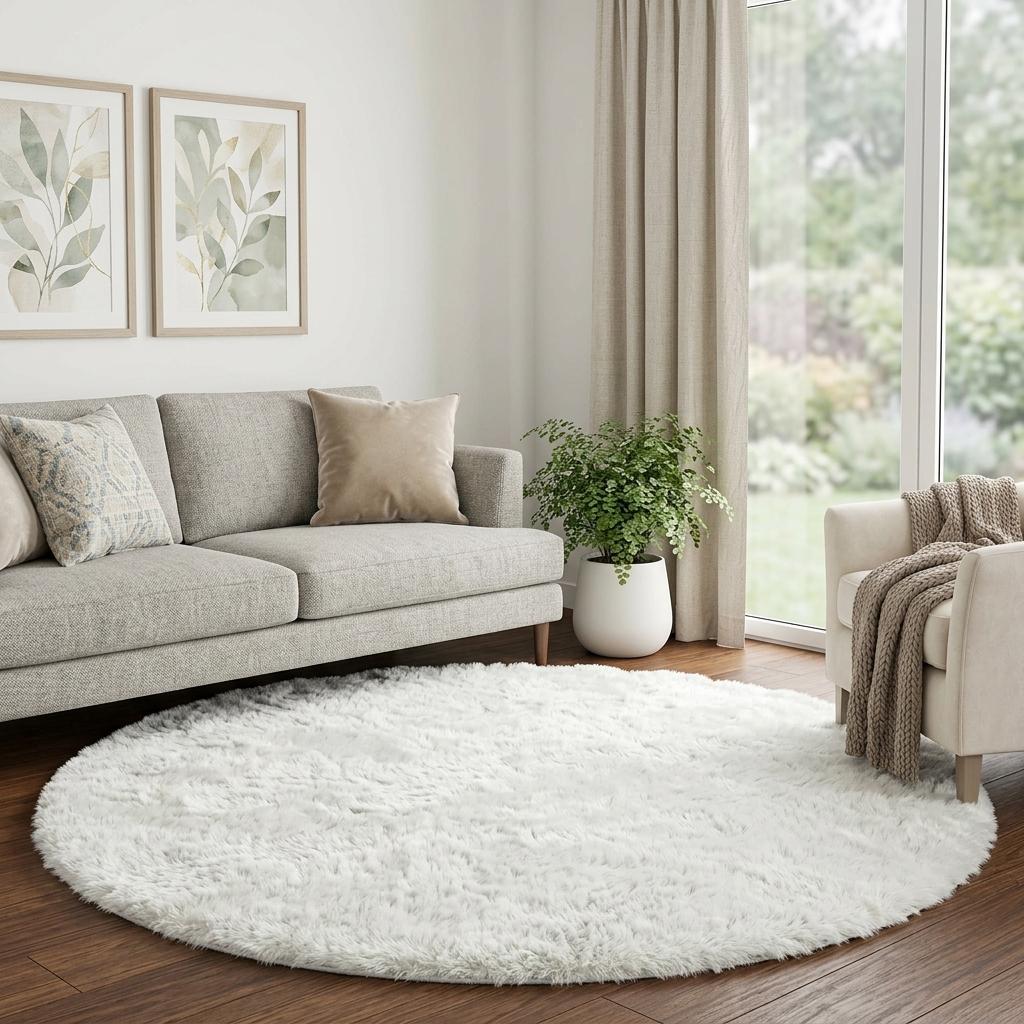 8' Pink And Ivory Geometric Shag Washable Round Rug With UV Protection - HomeRoots - Flyclothing LLC