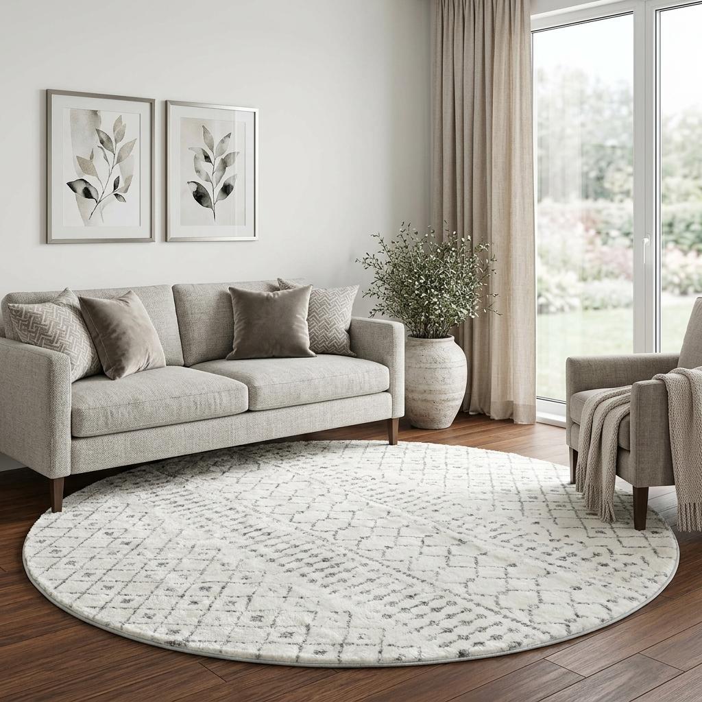 8' Purple And Ivory Geometric Shag Washable Round Rug With UV Protection - HomeRoots - Flyclothing LLC