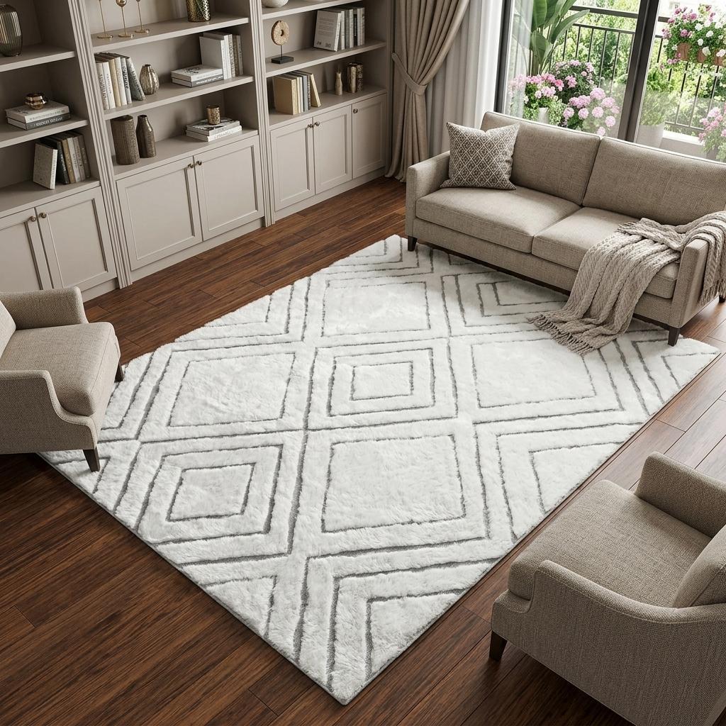 9' X 12' Purple And Ivory Geometric Shag Washable Area Rug With UV Protection - HomeRoots - Flyclothing LLC